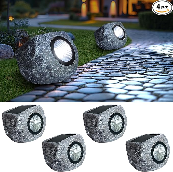 4 Pack Solar Garden Rock Lights Outdoor, 20 LM Bright White Spotlights with Auto On/Off, IP65 Waterproof 6000K Led Solar Powerd Landscape Stone Lights for Pathway Walkway Yard Patio