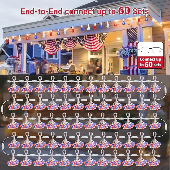 LAMPHOME 4-Pack 26Ft ST38 Outdoor Red White Blue String Lights, Patriotic Patio Light with 12+1 ST38 Edison Bulbs | Lumora