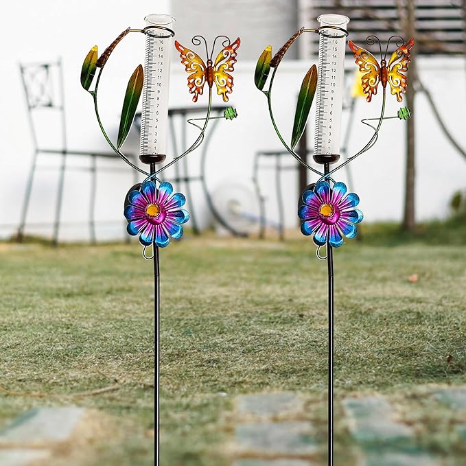 Zerodeko Solar Yard Lights with Decorative Butterfly Windmill and Rain Gauge, Solar Outdoor Garden Path Lights for Lawn and Patio, Solar-Powered Landscape Lighting