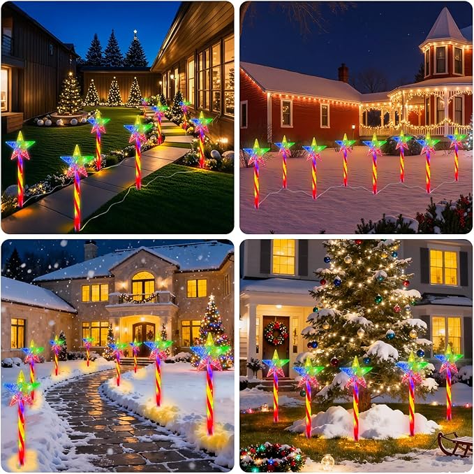 Outdoor Christmas Decorations Lights, 8 Pack RGB Solar Candy Star Path Lights with 8 Modes, Solar Christmas Lights Outdoor Waterproof, LED Xmas Outside Lights for Garden Path Yard Decor (Star)