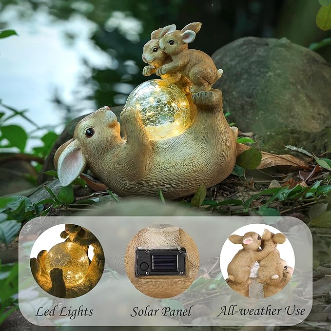 Solar Bunny Lamp Playing with Ball, 10x5x9 Inch Outdoor Easter Rabbit Decor, Whimsical Garden Statue for Lawn, Backyard & Night Landscape, Easter Bunny Figurine Night Light
