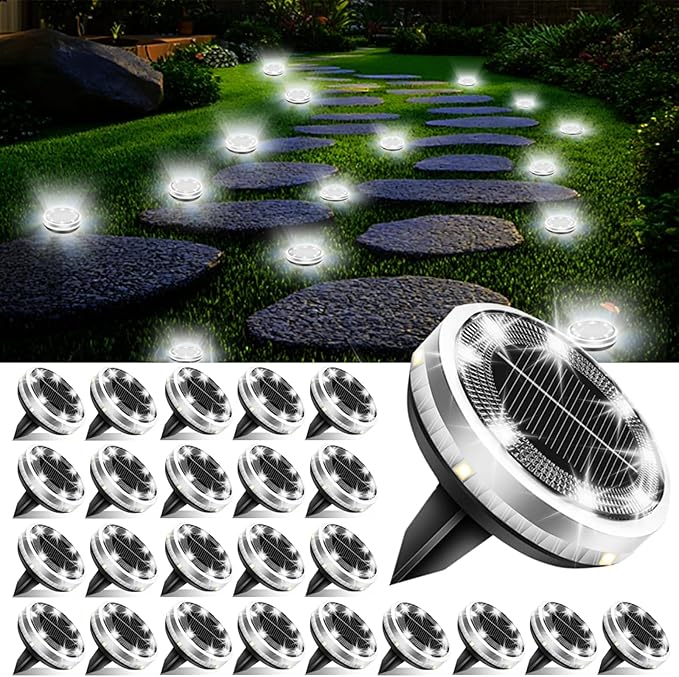 Solar Ground Lights Outdoor 26 Pack Waterproof, Upgraded Solar Garden Lights with 4 Side Light, Stainless Steel | Lumora