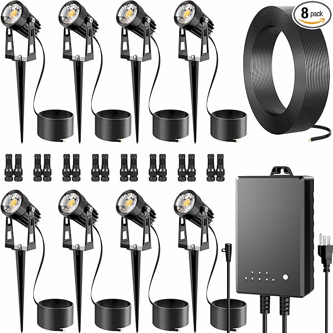 All-in-One Outdoor Low Voltage Landscape Lighting Kit, 8 Pack 3000K Landscape Spot Lights with 60W Transformer 65FT | Lumora