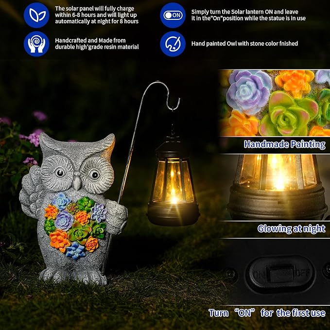 Solar Owl Garden Statue with Succulent Decor & Hanging Lantern – Outdoor Resin Decor for Patio, Yard, Balcony – | Lumora