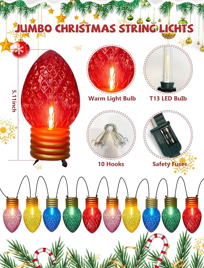16Ft Jumbo LED Multicolor Valentine's Day String Lights Outdoor with 10 T13 LED Strawberry Bulb, Clear Multicolor | Lumora
