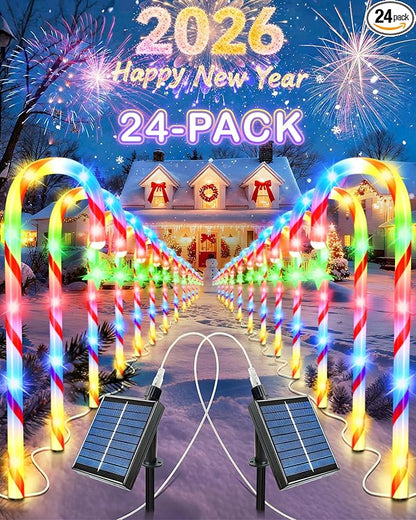 Anordsem Solar Christmas Decorations Outdoor: 21" Candy Cane Lights with Star 24 Pack - Waterproof LED 8 Colorful Lighting Models for Yard Pathway Xmas Decor - 2026 New Year Gifts for Homeowners
