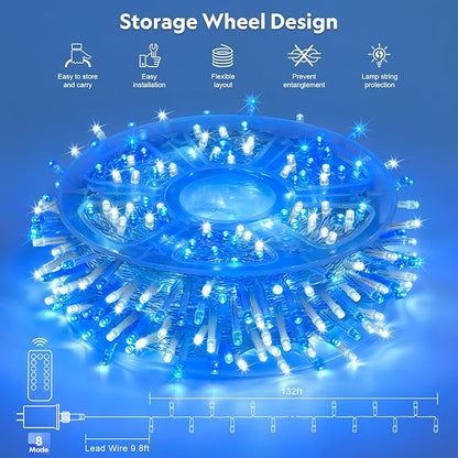 JMEXSUSS 400 LED Christmas Lights Indoor Outdoor, 132 ft 8 Modes Blue and White String Lights Plug in with Remore, Christmas Tree Lights for Bedroom Party Outside Patio Tree Holiday Xmas Decorations