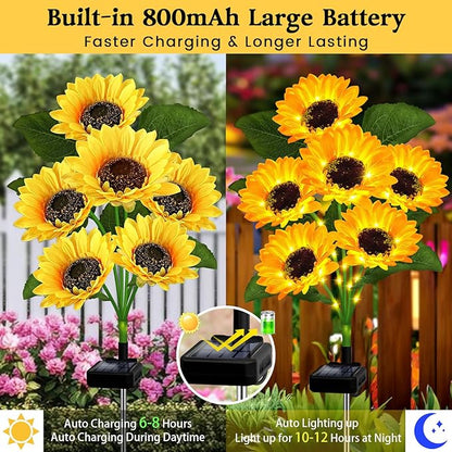 Solar Garden Lights Outdoor, 6 Pack Sunflower Lights with 36 Real Looking Flowers, Waterproof Summer Garden Decor Solar Flowers for Yard Backyard Patio Flowerbed Yard, Gift for Mom Women