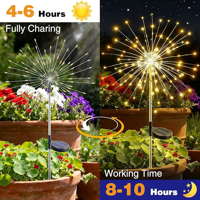 btfarm Solar Garden Lights Outdoor, 8 Modes Firework Lights Solar Powered, Waterproof Twinkle Fairy Light Outside for Yard Patio Pathway Pool Christmas Party Decorative, 2 Pack, Warm White