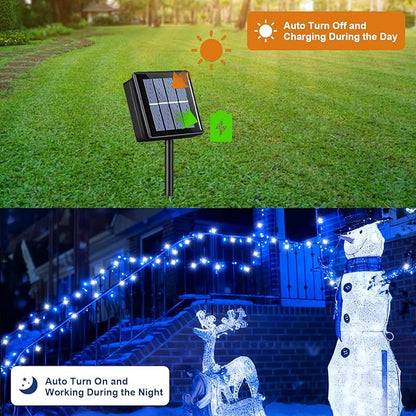 QITONG 2 Pack Blue and White Solar Christmas Lights, Each 66ft 200 LED Solar String Lights Outdoor Waterproof, 8 Modes Solar Twinkle Light for Outside
