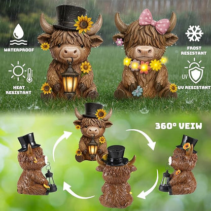 Retisee 2 Pcs Solar Highland Cow Garden Statues Resin Garden Highland Cow Statues with Flower LED Lights Outdoor Funny Solar Light Figurines Decoration for Yard Patio Lawn Gifts for Grandma Mom Women