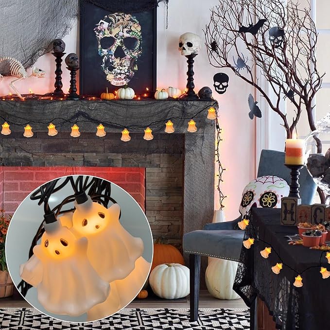 SUNSGNE Halloween Ghost LED String Lights 8.5FT Indoor String Lights with 10 LED White Genius for Outdoor Patio Indoor Home Bedroom Kids Room School Wall Decor