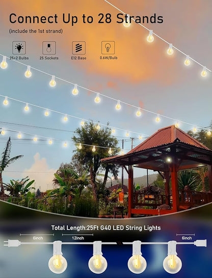 AD 25Ft Globe Led Outdoor String Lights Waterproof Shatterproof, Connectable Hanging Patio String Lights with 25 LED Plastic Clear Bulbs for Café Bistro Pergola Tents