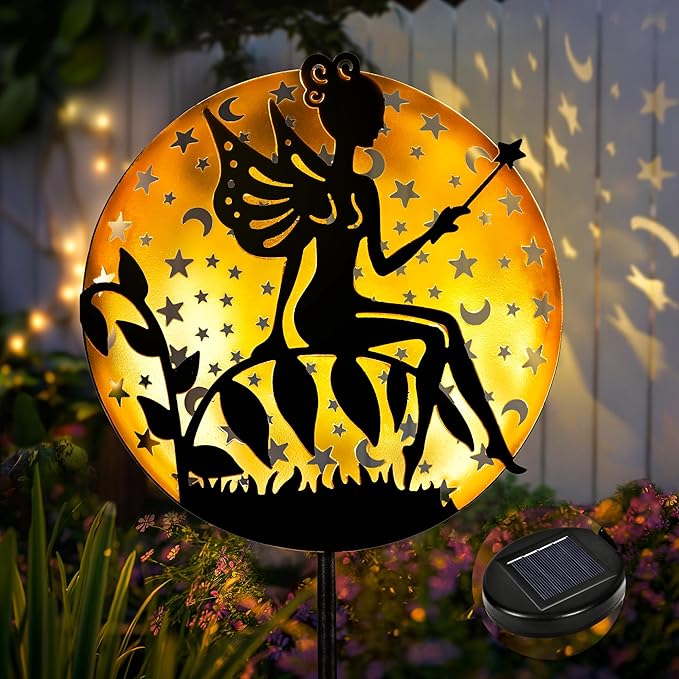 Fairy Garden Solar Lights Outdoor Disk Silhouette Stakes, Waterproof Outdoor Metal Decor Gifts for Women Mom, Art Cut-Out Disk Fairy Sculpture for Yard, Patio, Garden, Porch, 1 Pack