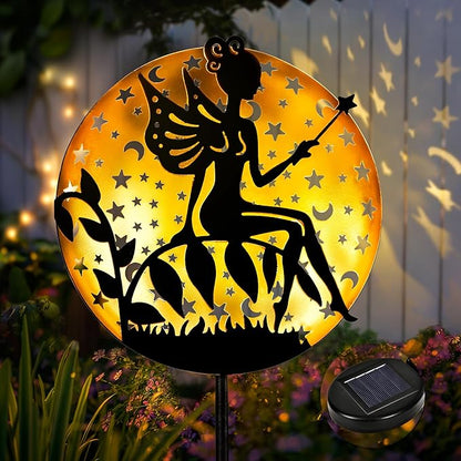 Fairy Garden Solar Lights Outdoor Disk Silhouette Stakes, Waterproof Outdoor Metal Decor Gifts for Women Mom, Art Cut-Out Disk Fairy Sculpture for Yard, Patio, Garden, Porch, 1 Pack
