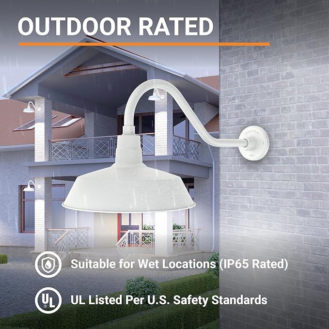 14in. White Outdoor Gooseneck Barn Light Fixture With 22in. Long Extension Arm - Wall Sconce Farmhouse, Vintage | Lumora