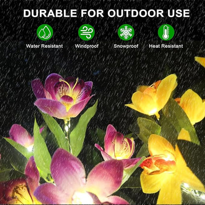 Solar Flower Lights, 2 Pack Solar Flowers with 14 Blooming Purple & Yellow Orchids, Waterproof Outdoor Decorative Lights for Garden, Yard, Patio, Pathway, Lawn, Flowerbed, Grave, Cemetery Decor