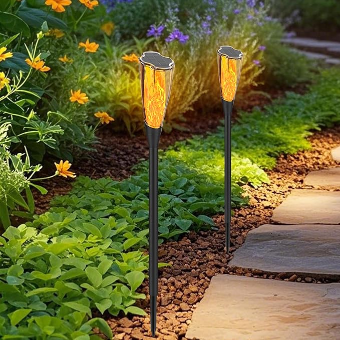 Solar Pathway Lights, 2 Pack Solar Garden Lights with Warm Light Flickering Flame & RGB Gradient, Solar Lights Outdoor Waterproof Decor Lights for Yard Lawn Landscape Walkway Driveway (Flower-2Pack)