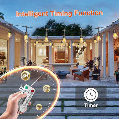 100FT Solar String Lights Outdoor Waterproof with Remote Control Solar Patio Lights 30+2 shatterproof LED E26 S14 Bulbs for Porch Garden Market Bistro Patio Backyard Fence