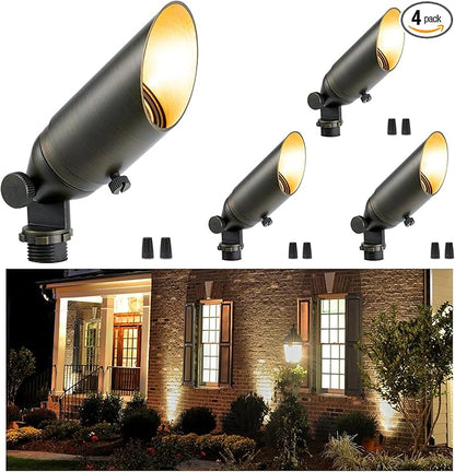 Gardenreet Brass Landscape Lighting - Outdoor Spotlights Low Voltage, MR11 Low Light 12V LED Wired Uplights, Waterproof Spot Lights, Bronze for Outside Shrub Without Bulb (4 Pack)