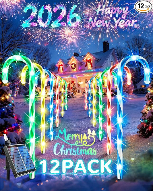 Anordsem Solar Christmas Decorations Outdoor: 21" Candy Cane Stake Lights 12 Pack - Waterproof LED 8 Colorful Lighting Models for Pathway Yard Garden Xmas Decor - 2026 New Year Gifts for Homeowners