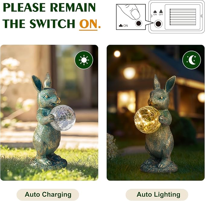 Solar Rabbit Statue with LED Lights, Outdoor Garden Decor, Bunny Figurine for Patio Yard, Lawn Ornament, Easter & | Lumora