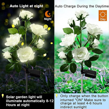 Upgraded 4 Pack White Outdoor Solar Powered 7 Rose Flowers Garden Stake Light, LED Solar Powered Light Decorative Flower Lamp, Waterproof Solar Decorative Light for Garden Yard Patio Pathway Light