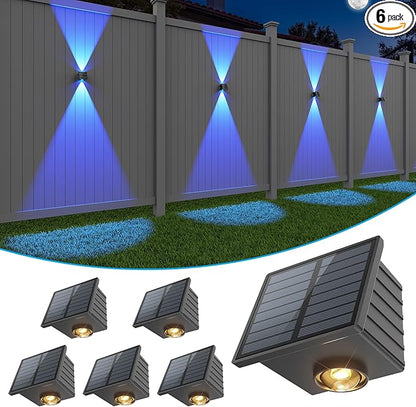 VOLISUN Solar Fence Lights 6 Pack, Color Glow LED Up and Down Wall Lamp, IP65 Waterproof Solar Lights Outdoor for Patio, Backyard, Railing, Deck, Fence and Wall（2 Lenses）