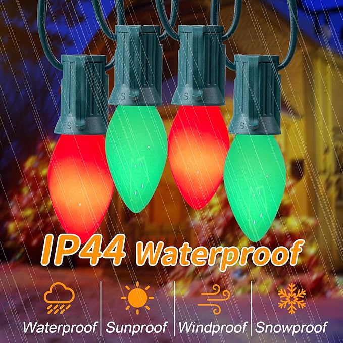 C7 LED Christmas Lights, 25Ft C7 Red Green Ceramic String Lights with 27 Red Green Bulbs, LED Vintage Christmas Lights for Christmas Tree Decor Patio, 0.6 Watt E12 Candelabra Base