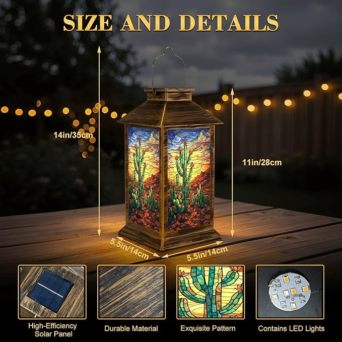 Solar Lantern Outdoor Waterproof Art Storm Clouds Prickly Pear Flowers Garden Decor LED Solar Lights Hanging/Tabletop Lamp Gifts for Women Mom for Outside Yard Patio