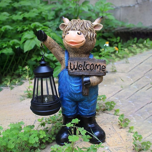 Solar Garden Statues -Highland Cow Lantern Outdoor Handmade Resin Statue with LED Light, and Welcome Holder for | Lumora
