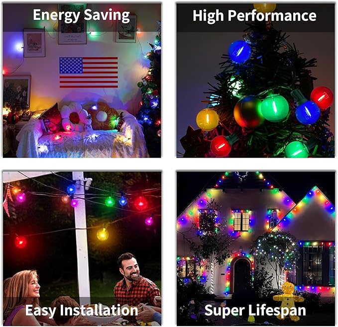 25FT Outdoor String Lights Connectable, Waterproof Multicolor LED Globe G40 Christmas Lights for Patio Xmas Tree Roof Holiday Party Decor