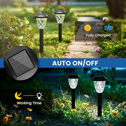 GIGALUMI Solar Pathway Lights, Outdoor Waterproof, Auto On/Off, LED, White, 14 Count, Modern, Classic Style, Crystal, Highly Efficient, Patio, Yard, Landscape, Walkway