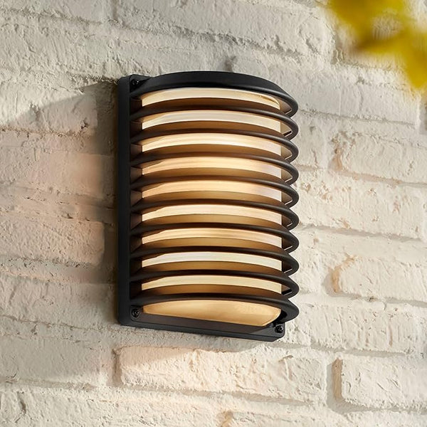 John Timberland Black Grid Modern Industrial Outdoor Wall Light Fixture 10" Frosted Glass Shade for Exterior Barn | Lumora