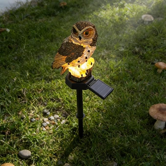 Solar Owl Lamp | Decorative Resin Animal Figure, with Solar Lawn Lights Including Stake – For Garden, Lawn, Ground, Landscape, Path, Park and Yard