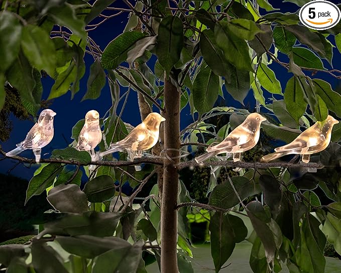 5 STAR SUPER DEALS Solar LED Bird Clip On String Lights - 5PC Set - Solar Powered Decorative Lights for Garden, Balconies, Trees, Bird Baths, Pathways & Fences