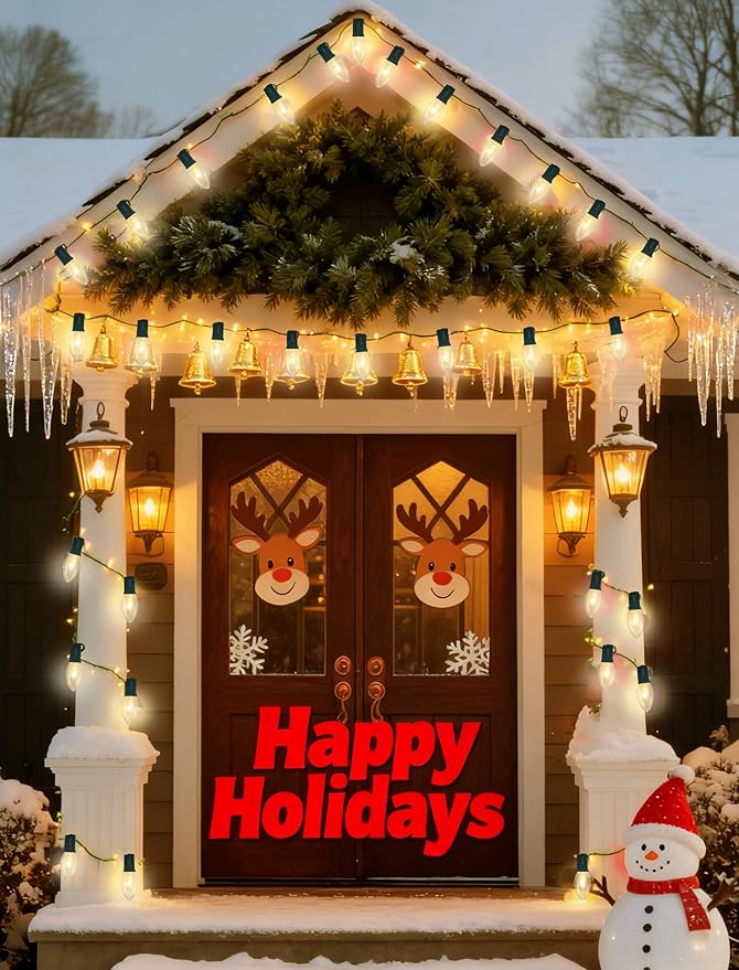 C9 Clear Christmas Lights, 25Ft Vintage Outdoor String Lights with 26 C9 Clear Bulbs, Hanging Christmas Roofline Lights for Outdoor Halloween Christmas Patio, Cafe, Party Decor- Green