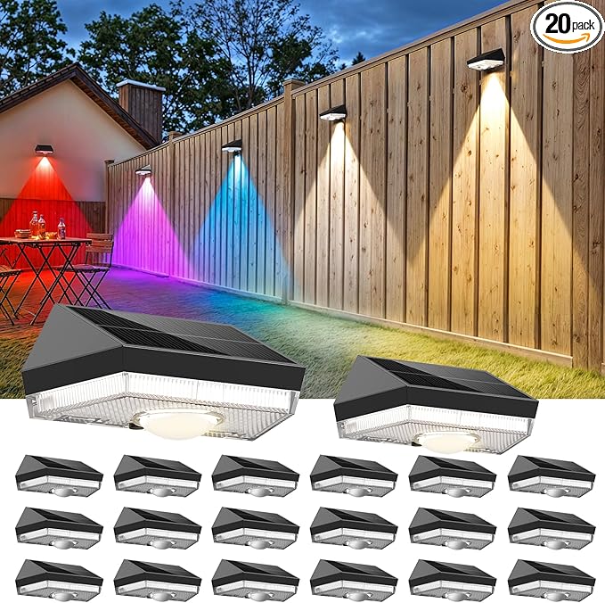 Solar Fence Lights,Warm White & Cool White & RGB 7Colors ＆ Color Changing Mode IP65 Waterproof Solar Lights Outdoor for Deck/Patio/Backyard/Wall/Pool/Fence/Railing/Step(20Pack)