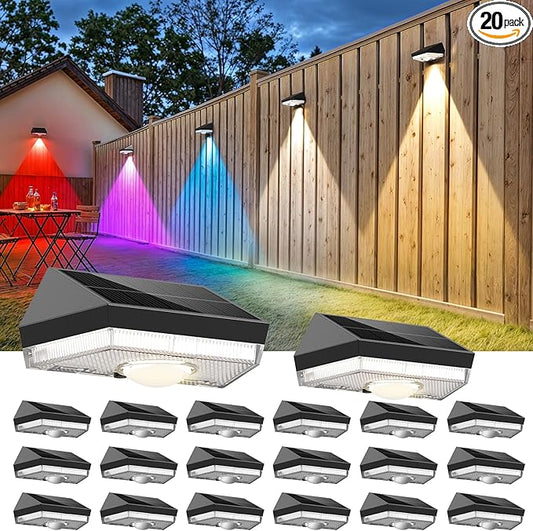 Solar Fence Lights,Warm White & Cool White & RGB 7Colors ＆ Color Changing Mode IP65 Waterproof Solar Lights Outdoor for Deck/Patio/Backyard/Wall/Pool/Fence/Railing/Step(20Pack)