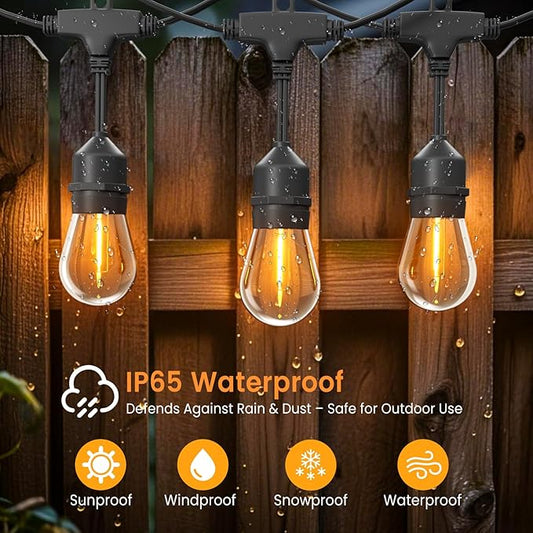 48ft Outdoor String Lights with Remote & Dimmer,24+2 Commercial Grade IP65 Waterproof Bulbs, 2700K Warm White,3 Lighting Modes & Timer,Includes 30 Cable Ties for Patio,Garden, Party