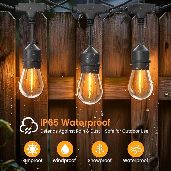 72ft Outdoor String Lights with Remote & Dimmer,36+2 Commercial Grade IP65 Waterproof Bulbs, 2700K Warm White,3 Lighting Modes & Timer,Includes 40 Cable Ties for Patio,Garden, Party