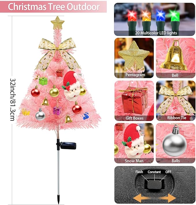 4 Pcs Solar Christmas Tree Pink, Outdoor Christmas Decorations, 80 LED Waterproof Solar Christmas Lights, Multicolor Xmas Tree Lights for Outside Holiday Pathway Yard Garden Patio Cemetery Decor