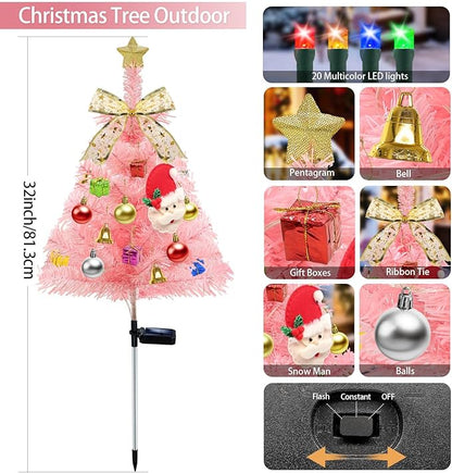 4 Pcs Solar Christmas Tree Pink, Outdoor Christmas Decorations, 80 LED Waterproof Solar Christmas Lights, Multicolor Xmas Tree Lights for Outside Holiday Pathway Yard Garden Patio Cemetery Decor