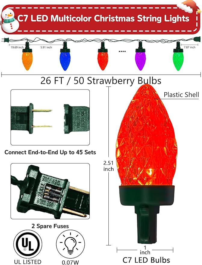 C7 LED Christmas Lights Outdoor, 26FT C7 Vintage Christmas Lights with 52 Multicolor Strawberry LED Bulbs, Plug in Outdoor String Lights for Party Garden Xmas Tree Patio Decorations