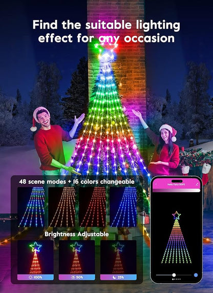 Outdoor Christmas Star String Lights, Smart RGB Waterfall Tree String Light with APP Remote Control, DIY Modes Dimmable Timer Music Sync Shooting Star Fairy Lights for Indoor Outdoor Garden Decoration