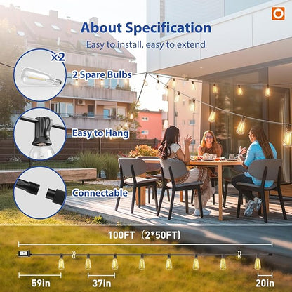 addlon 100FT(50FT*2) LED Outdoor String Lights with Remote Waterproof Patio Lights with Shatterproof ST38 Replaceable Bulbs, Dimmable Outside Hanging Light Connectable for Porch, Backyard, 2200K