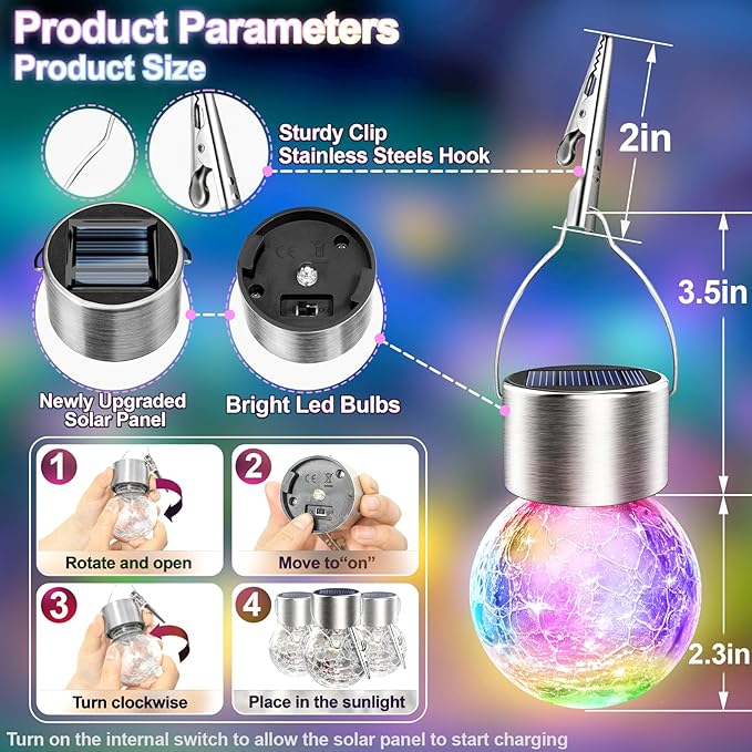 Solar Hanging Lanterns Outdoor: 12 Pack Cracked Glass Ball Lights with Hook - Waterproof Color Changing Globe | Lumora