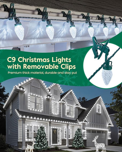 C9 LED Christmas Lights Outdoor with 100 Spring Clips, 65FT 100 LED C9 String Lights Waterproof Connectable for Roofline Patio House Yard Windows Indoor Outdoor Christmas Decorations, White 2 Pack