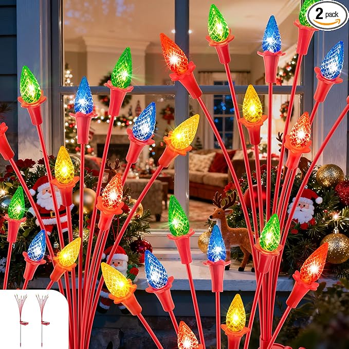 2 Packs Christmas Berry Solar Garden Light with Multiple Colors, Auto ON/Off Solar Lights Outdoor Swaying in The Wind, Christmas Decorating Outdoor Yard Light for Pathway, Pond, Courtyard