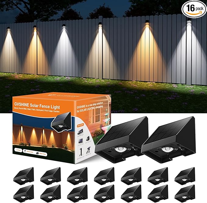16 Pack Solar Powered Fence Lights Outdoor Wall Mount Decorative Waterproof Down LED for Deck, Outside Stairs, Pool | Lumora